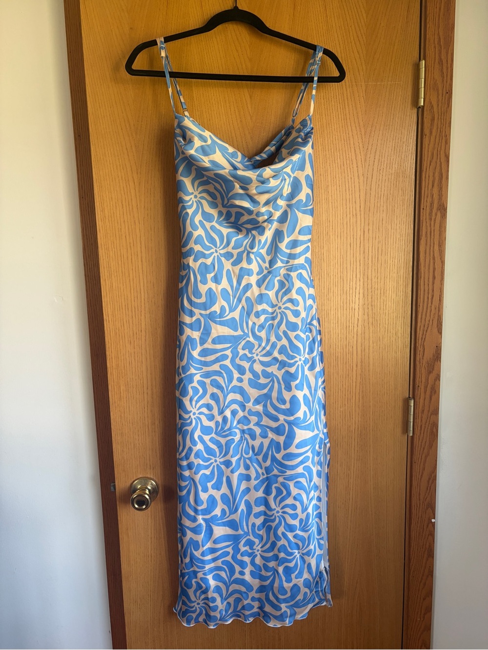 Lulu's Blue and Cream Cowl Neck Slip Midi Dress